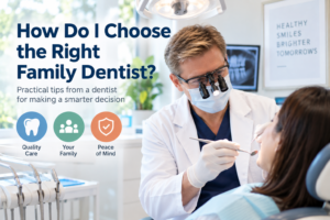 Family dentist wearing high-magnification dental loupes while treating a patient