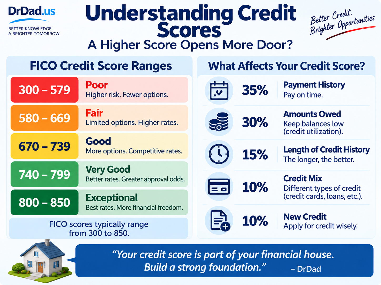 Understanding credit scores infographic with FICO ranges and factors that affect credit scores